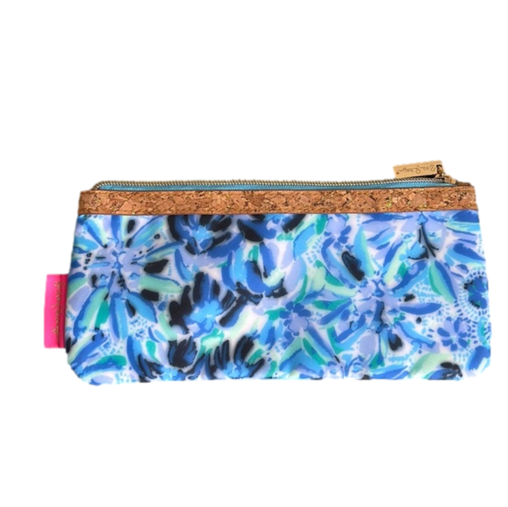 Lilly Pulitzer blue cosmetic case with cork trim
